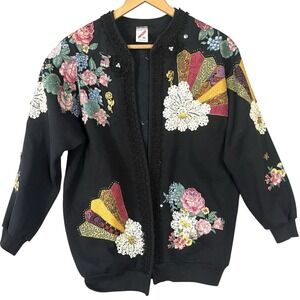 Vtg JERZEES Handmade Painted Quilted Lace Floral 90s Women's Sweater Cardigan XL